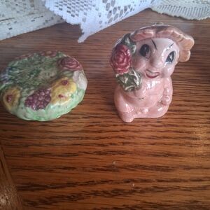 Vintage Ceramic Pink Bunny Figurine with Floral Trinket Dish